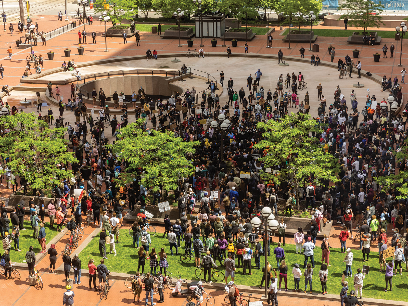A large group of protesters outside the Government Center building in downtown Minnapolis