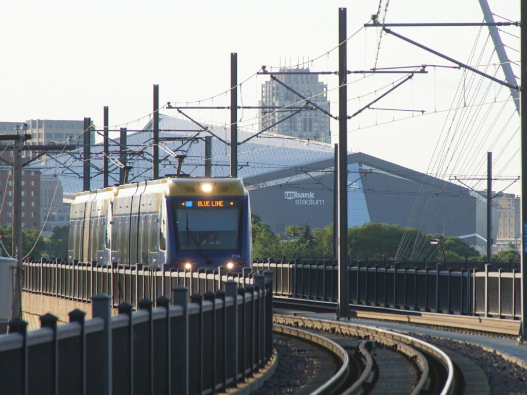 A METRO Blue Line train leaving downtown 