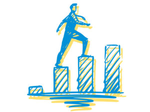 Illustration of man walking up bar graph
