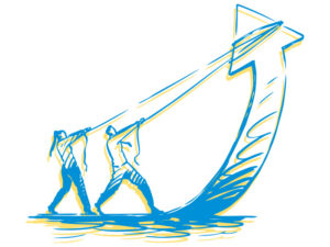 Illustration of man and woman puling on arrow