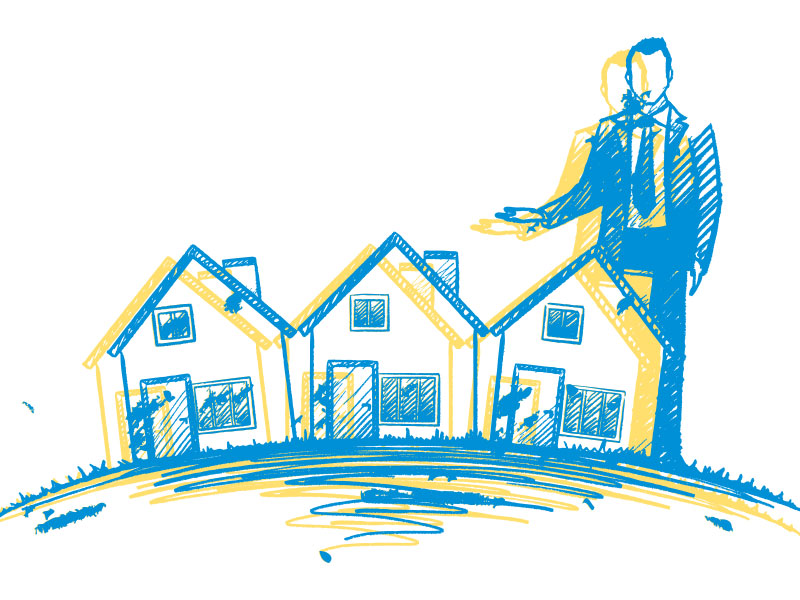 Illustration of man standing next to three tiny houses