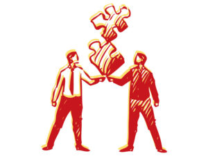 Illustration of two people with puzzle pieces