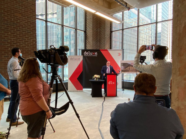 Governor Tim Walz speaks at a Deluxe Corp. press conference on Sept. 14