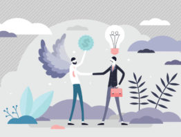 Illustration of angel and business man shaking hands