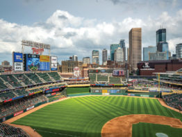 Looking at the Twins baseball field from the third base bleachers