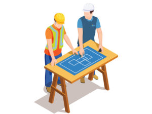 Illustration of to construction workers looking at blue prints