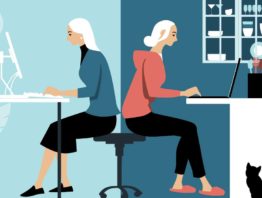 illustration of woman working at a desk in the office and at home