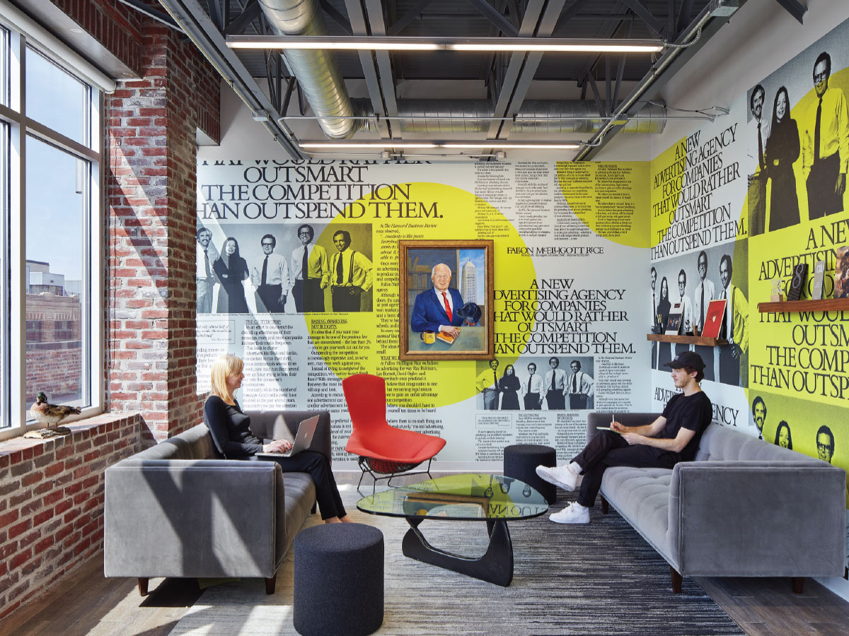 Gone is Fallon’s signature carrot-orange branding. The new space plays up exposed brick and pops of sage green, and it uses some of the agency’s iconic ad campaigns as art. 