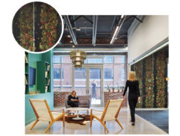 Bold, unexpected wallpapers add to the workspace’s residential vibe.