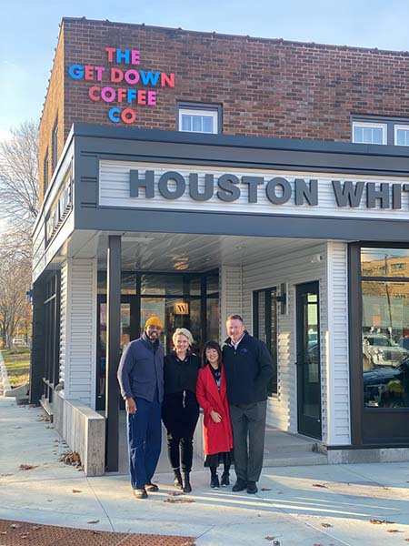 The Get Down Coffee founder Houston White stands with Bell Bank officials outside his North Minneapolis coffee shop