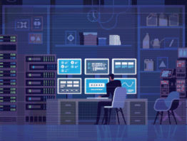 illustration of a man in a dark room looking at six computer screens