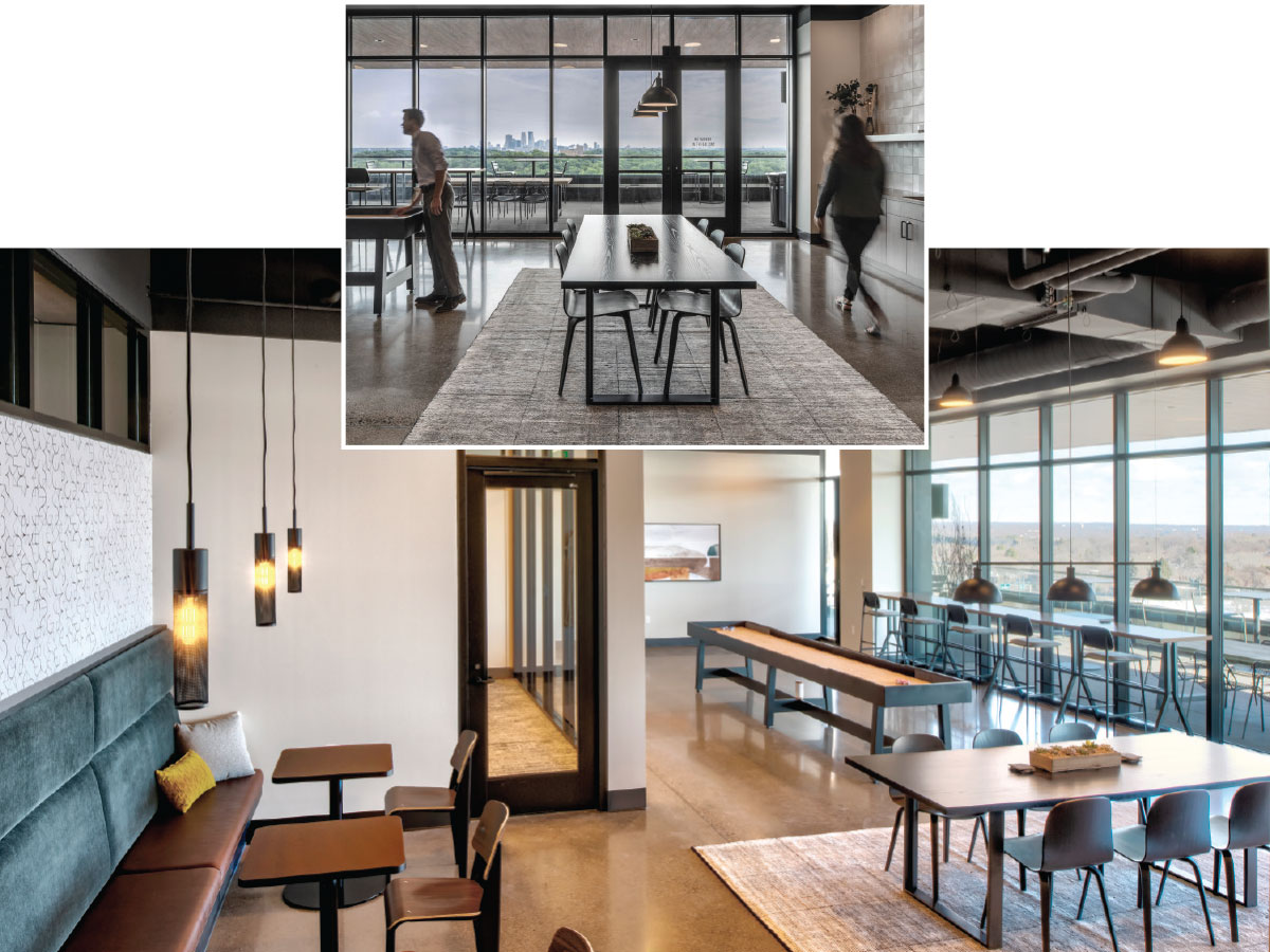 The building’s break and lounge room, open to all tenants, has a small kitchenette, open booths and high-top seating, and shuffleboard. It connects directly to the patio, where tenants have a view of the downtown Minneapolis skyline. 