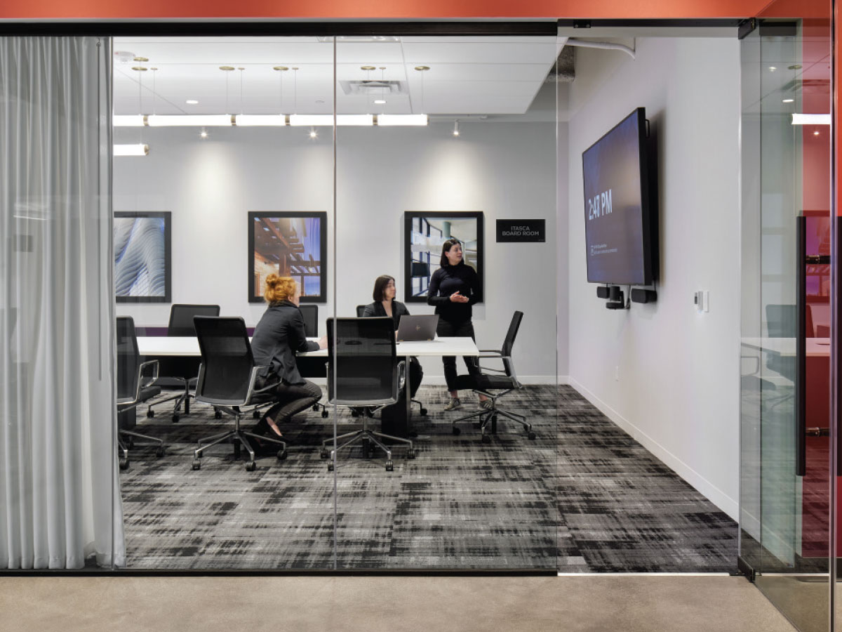 The formal boardroom, like the open meeting areas, is designed to encourage collaboration and interactivity.