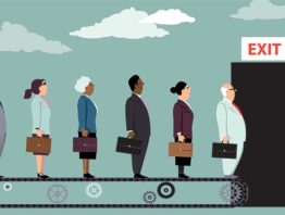 Employees on a conveyor belt leaving their jobs as a metaphor for great resignation