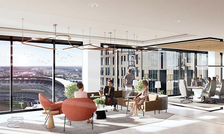 Interior rendering of the North Loop Green development in Minneapolis overlooking Target Field
