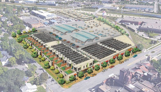 This rendition provides a view of what the Roof Depot site could look like if it were developed in the community vision.