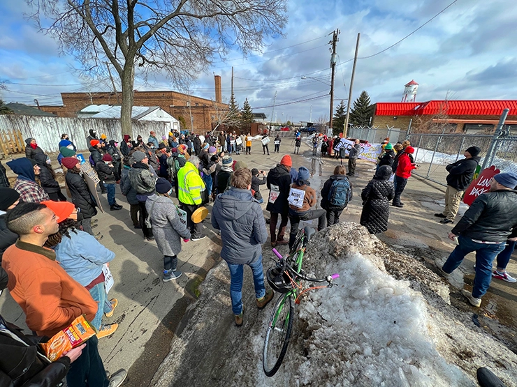 Activists from environmental and Indigenous rights groups attending the rally against the demolition of the Roof Depot property on Sunday, Feb. 19.