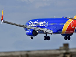 A Southwest Airlines plane preparing to land at the Baltimore Washington International airport.