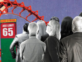 older executives waiting in line for a ride; an illustration of mandatory retirement ages for the C-suite