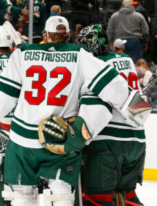 Wild goalies Filip Gustavsson and Marc-Andre Fleury compete for ice time and support each other. 