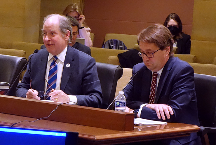 Met Council Chair Charlie Zelle, left, said that much of the cost overruns and time delays were caused by the construction of the tunnel in the narrow Kenilworth Corridor. At right is Nick Thompson, deputy general manager of Metro Transit.