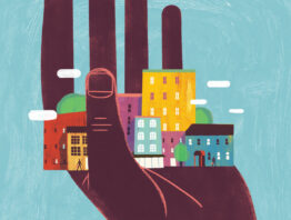 Illustration of hand with buildings in palm