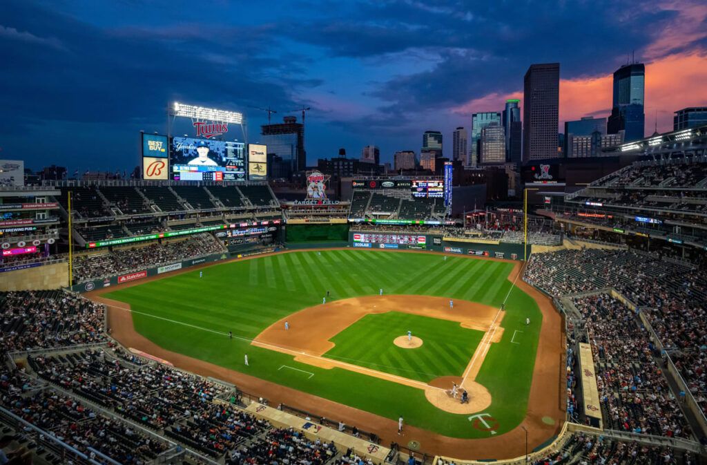 Target Field in Minneapolis at night.