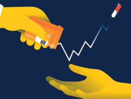 Illustration of a pill coming out of jar to form a price increase graph.