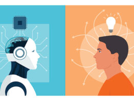 Conceptual illustration showing artificial intelligence versus human intelligence