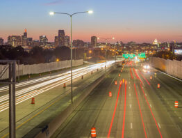 Wide angle shot of traffic flowing on Interstate-94 in the Twin Cities