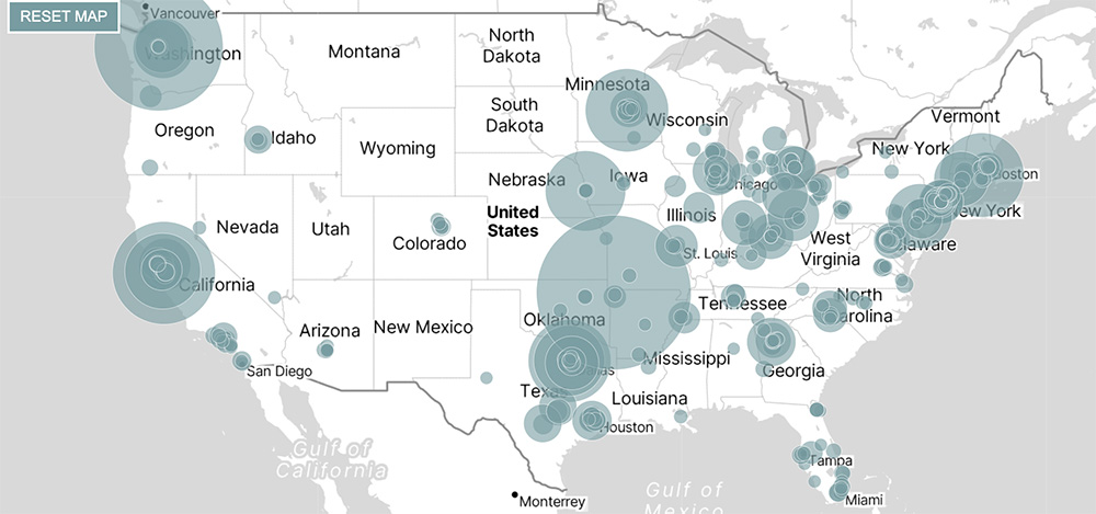 Map of Fortune 500 distribution in the United States