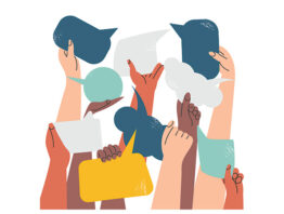 illustration of several different hands holding speech bubbles