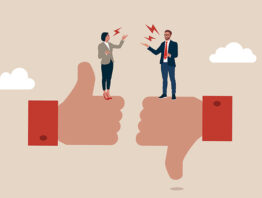 conceptual image of two coworkers arguing atop giant thumbs-up and thumbs-down icons