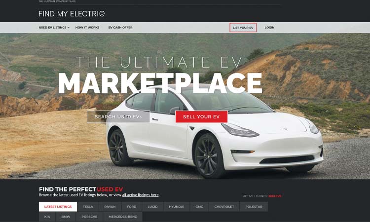 Screenshot of the homepage of Find My Electric