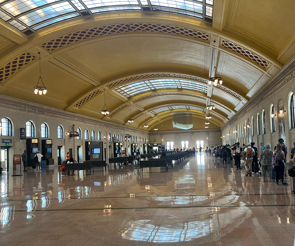 Passengers lining up for an Amtrak Borealis train at St. Paul's Union Depot in July.