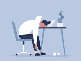 Illustration of a young exhausted female manager sitting at a desk