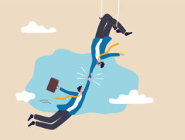 Illustration of two businesspeople holding hands, demonstrating concept of collaboration