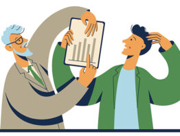 illustration of an older worker helping out a younger one.