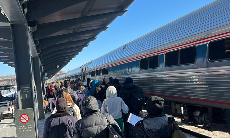 Passengers line up for the Amtrak Borealis train at St. Paul's Union Depot in February 2025.