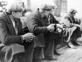 A row of out-of-work men at the New York City docks in the 1930s.