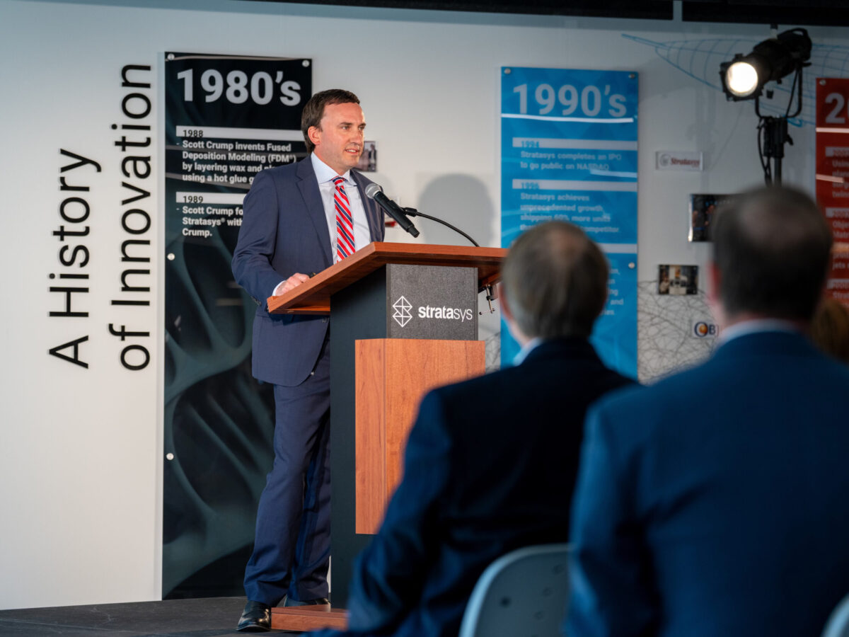 Stratasys executive Rich Garrity spoke Thursday about the many business sectors that use the company’s 3D printing technologies.