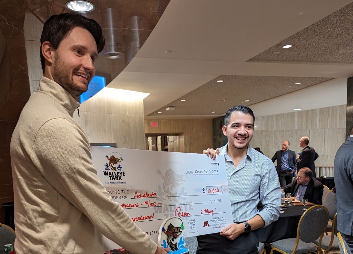 Adialante co-founders Parker Jenkins (left) and Efrain Torres (right) winning Walleye Tank in 2023.